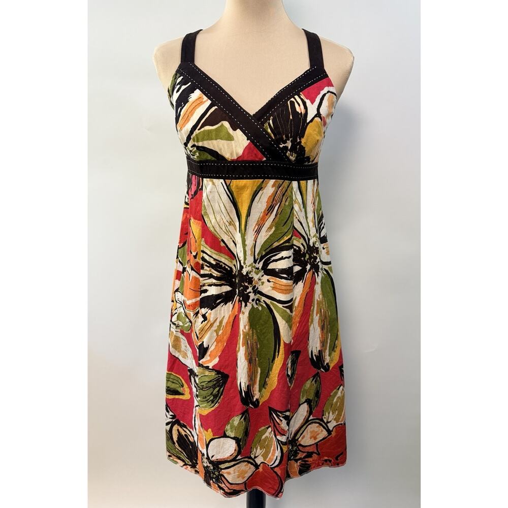 Y2K Babydoll Dress Earthy Tie Back Mini V-neck Resort Sleeveless Sz 8 Boho 2000s